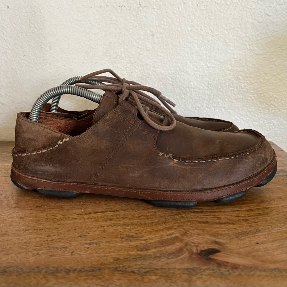 OLUKAI MEN'S OHANA LACE UP NUBUCK BROWN LEATHER BOAT SHOE SIZE 11  10171-6333 EC